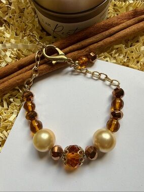 Hand Crafted Gold and Amber Beaded Adjustable Bracelet